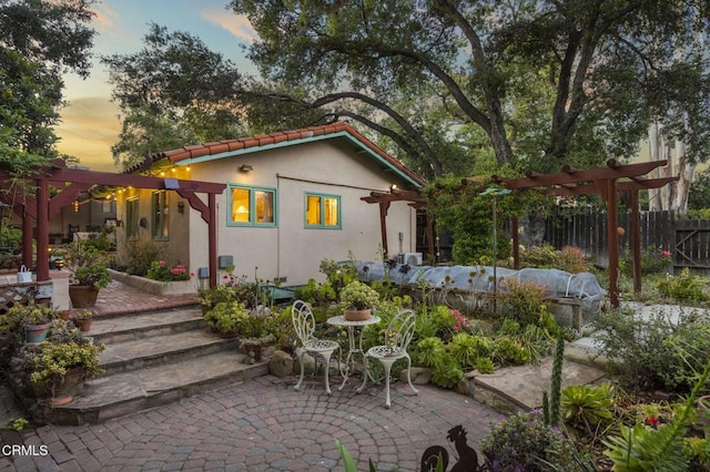 308 Topa Topa Dr, Ojai, CA 93023 - rear view of property with a patio area, a pergola, fence, and stucco siding