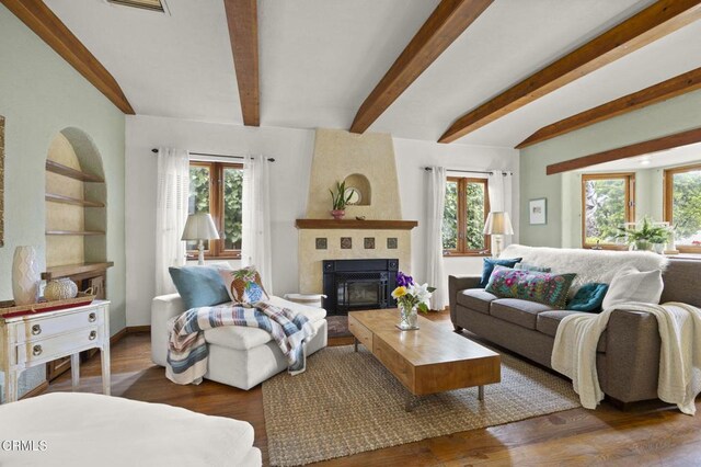 308 Topa Topa Dr, Ojai, CA 93023 - living room featuring healthy amount of natural light, a fireplace, wood finished floors, and beamed ceiling