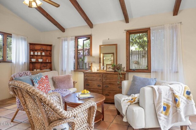 308 Topa Topa Dr, Ojai, CA 93023 - living room featuring healthy amount of natural light, light tile patterned flooring, and ceiling fan