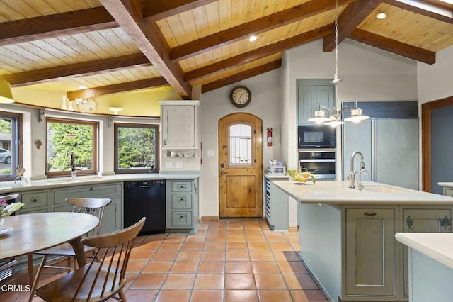 308 Topa Topa Dr, Ojai, CA 93023 - kitchen with black appliances, light countertops, a wood ceiling with exposed beams, and healthy amount of natural light