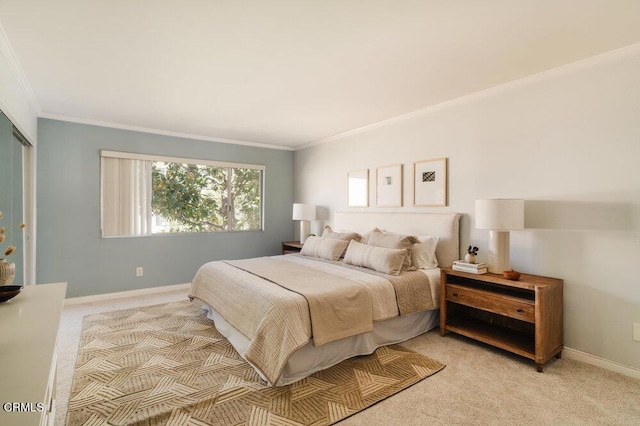 bedroom featuring ornamental molding, baseboards, and light carpet