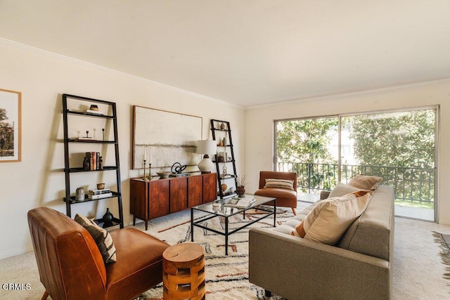 living room with crown molding and light colored carpet