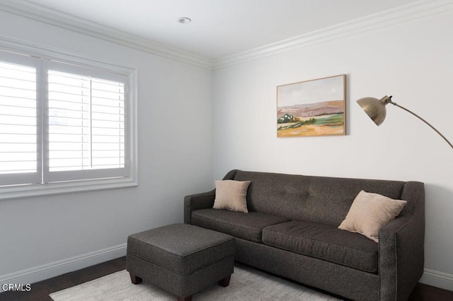 living area with ornamental molding, baseboards, and wood finished floors