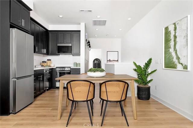 136 Hazel Dr, Rancho Mission Viejo, CA 92694 - kitchen with light wood-style flooring, visible vents, decorative backsplash, and stainless steel appliances