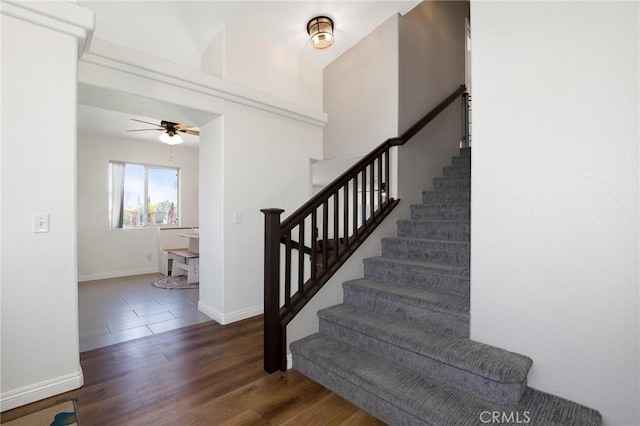 40824 Cobblestone Ct, Palmdale, CA 93551 - stairway with wood finished floors, ceiling fan, and baseboards
