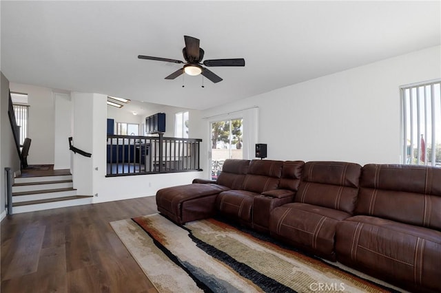 40824 Cobblestone Ct, Palmdale, CA 93551 - living room with wood finished floors, a ceiling fan, stairs, and baseboards
