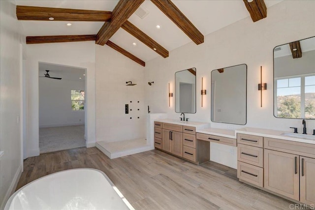 24321 Barona Mesa Rd, Ramona, CA 92065 - full bathroom featuring a tile shower, lofted ceiling with beams, plenty of natural light, and wood finished floors