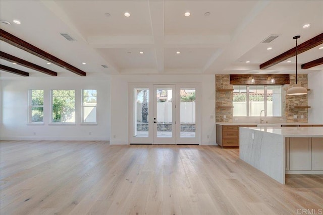 24321 Barona Mesa Rd, Ramona, CA 92065 - kitchen with visible vents, recessed lighting, open floor plan, beamed ceiling, and light wood-style floors