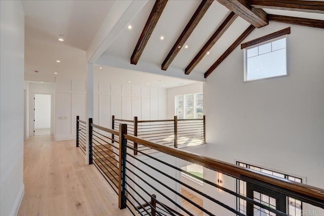 24321 Barona Mesa Rd, Ramona, CA 92065 - corridor featuring beamed ceiling, an upstairs landing, light wood-style flooring, and recessed lighting