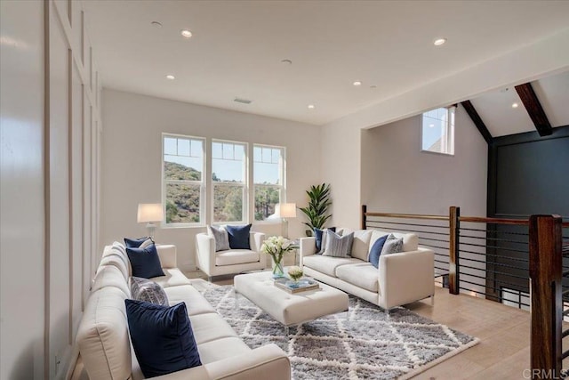 24321 Barona Mesa Rd, Ramona, CA 92065 - living room with recessed lighting, a healthy amount of sunlight, light wood-type flooring, and vaulted ceiling with beams