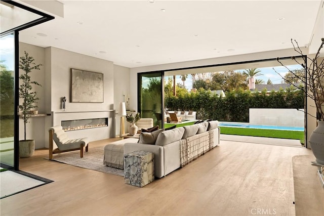 interior space with a glass covered fireplace, plenty of natural light, and wood finished floors
