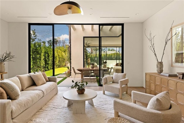 living area with wood finished floors and a wall of windows