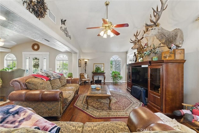 20130 Monte Vista Rd, Apple Valley, CA 92308 - living area with a healthy amount of sunlight, wood-type flooring, a ceiling fan, and vaulted ceiling