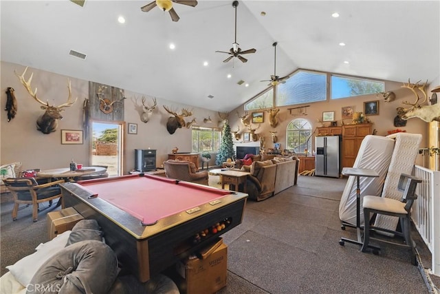 20130 Monte Vista Rd, Apple Valley, CA 92308 - recreation room with high vaulted ceiling, a ceiling fan, visible vents, recessed lighting, and billiards