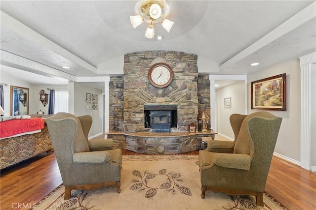 20130 Monte Vista Rd, Apple Valley, CA 92308 - living room with baseboards, vaulted ceiling, ceiling fan, and wood finished floors