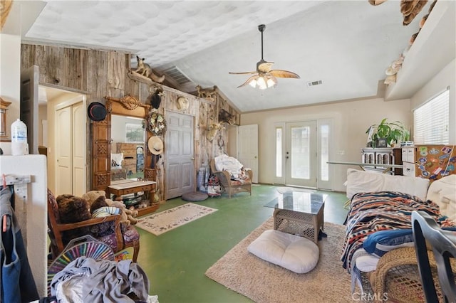 20130 Monte Vista Rd, Apple Valley, CA 92308 - living area with a ceiling fan, vaulted ceiling, and visible vents