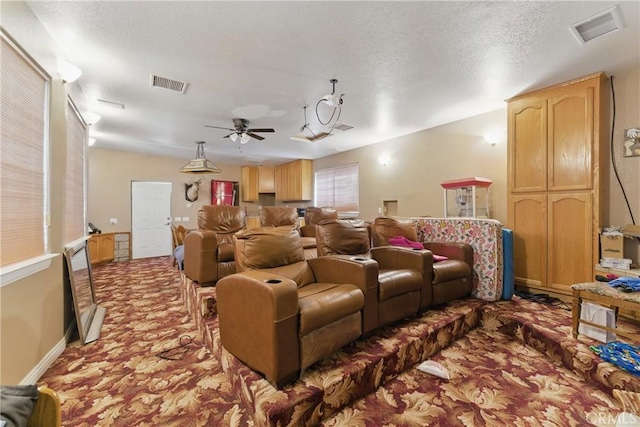 20130 Monte Vista Rd, Apple Valley, CA 92308 - carpeted home theater with visible vents, a ceiling fan, and a textured ceiling