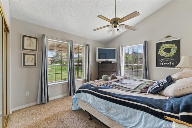 20130 Monte Vista Rd, Apple Valley, CA 92308 - bedroom featuring a textured ceiling, carpet flooring, baseboards, and vaulted ceiling