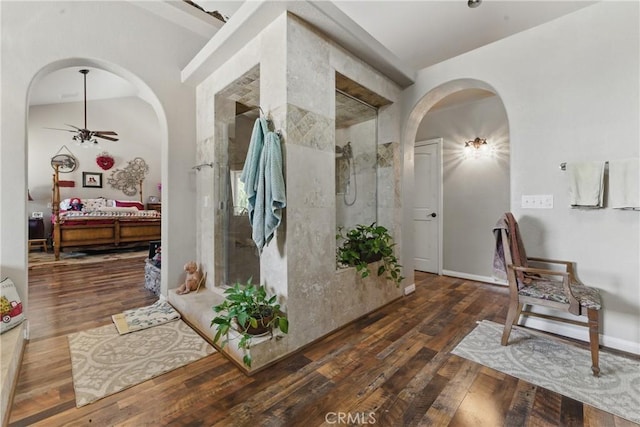 20130 Monte Vista Rd, Apple Valley, CA 92308 - full bath with a shower with door, a ceiling fan, vaulted ceiling, and hardwood / wood-style flooring