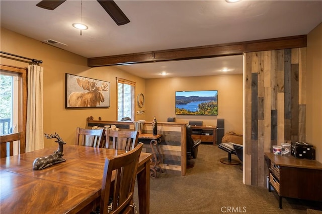 813 Brentwood Dr, Lake Arrowhead, CA 92352 - carpeted dining room featuring healthy amount of natural light, a ceiling fan, recessed lighting, and beamed ceiling