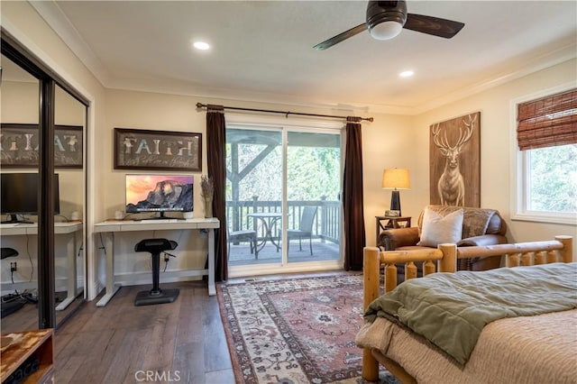bedroom featuring recessed lighting, dark wood-type flooring, access to outside, and crown molding