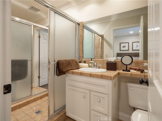 813 Brentwood Dr, Lake Arrowhead, CA 92352 - full bathroom with a shower stall, toilet, vanity, and tile patterned flooring