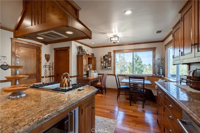 kitchen with crown molding, light wood-style flooring, appliances with stainless steel finishes, and island exhaust hood