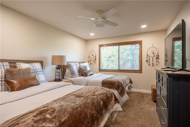 bedroom with a ceiling fan, vaulted ceiling, recessed lighting, dark colored carpet, and baseboards