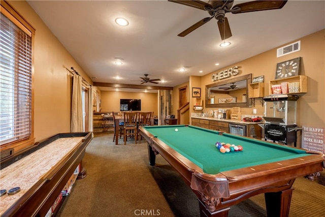 playroom featuring ceiling fan, visible vents, recessed lighting, carpet flooring, and billiards