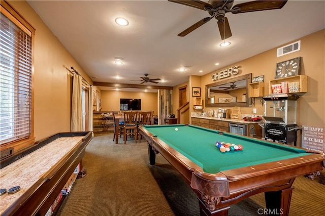 813 Brentwood Dr, Lake Arrowhead, CA 92352 - recreation room with a ceiling fan, carpet floors, pool table, and recessed lighting