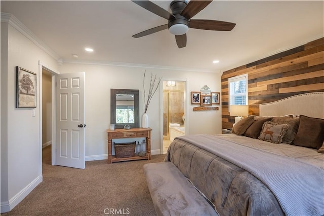 carpeted bedroom featuring crown molding, wood walls, baseboards, and recessed lighting