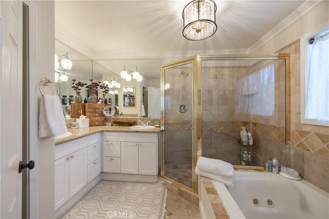 full bath with crown molding, a notable chandelier, a stall shower, and vanity