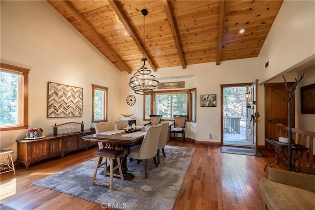dining area featuring a chandelier, high vaulted ceiling, visible vents, and hardwood / wood-style flooring