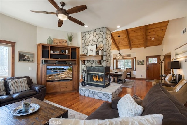 813 Brentwood Dr, Lake Arrowhead, CA 92352 - living room with a ceiling fan, wood finished floors, a fireplace, wood ceiling, and recessed lighting