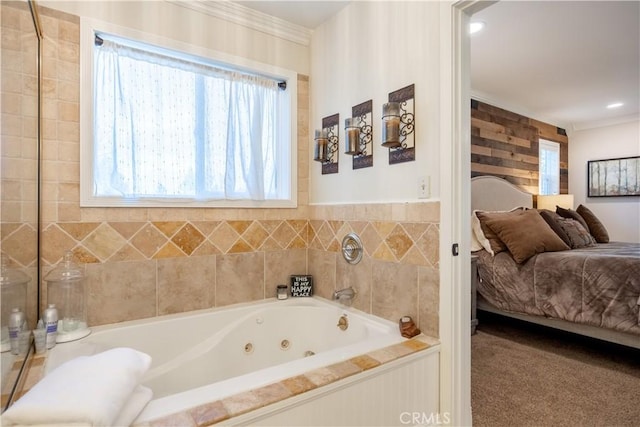 ensuite bathroom featuring crown molding, ensuite bathroom, and a jetted tub