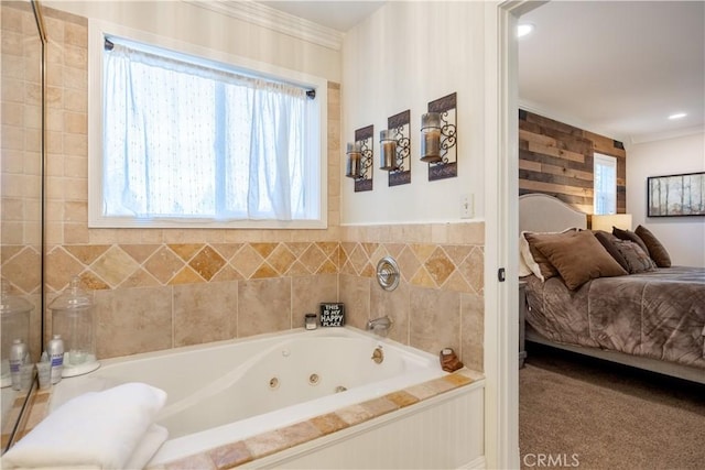 813 Brentwood Dr, Lake Arrowhead, CA 92352 - bathroom featuring ensuite bathroom, a whirlpool tub, crown molding, and healthy amount of natural light