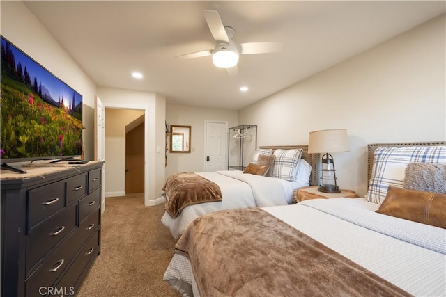 carpeted bedroom featuring recessed lighting, baseboards, and ceiling fan