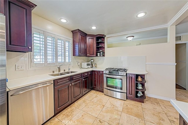 kitchen featuring stainless steel appliances, a sink, open shelves, ornamental molding, and light countertops