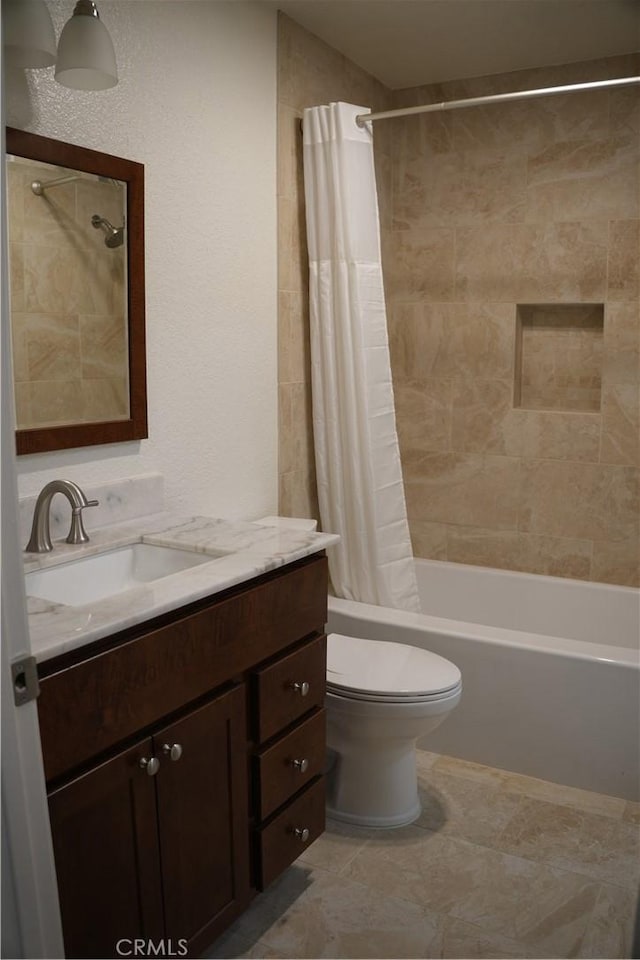 22234 S Vermont Ave Unit 203B, Torrance, CA 90502 - bathroom with shower / bathtub combination with curtain, vanity, toilet, and tile patterned floors