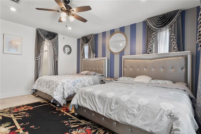 16614 Trailblazer Ave, Chino, CA 91708 - bedroom featuring baseboards, wallpapered walls, carpet flooring, a ceiling fan, and visible vents