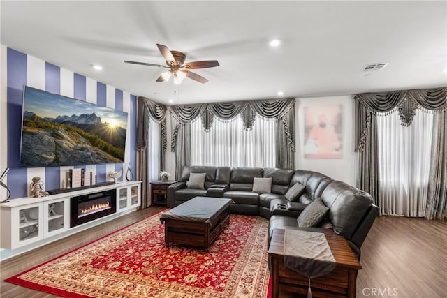 16614 Trailblazer Ave, Chino, CA 91708 - living area with visible vents, recessed lighting, a ceiling fan, and wood finished floors