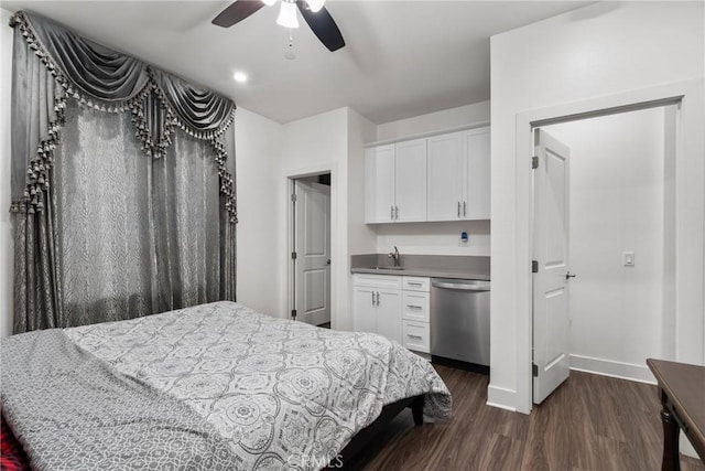 16614 Trailblazer Ave, Chino, CA 91708 - bedroom with dark wood-type flooring, indoor wet bar, a ceiling fan, a sink, and baseboards