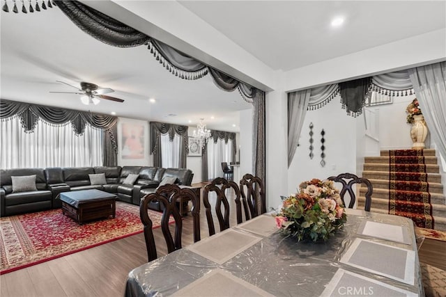 16614 Trailblazer Ave, Chino, CA 91708 - dining room featuring recessed lighting, stairway, a ceiling fan, and wood finished floors