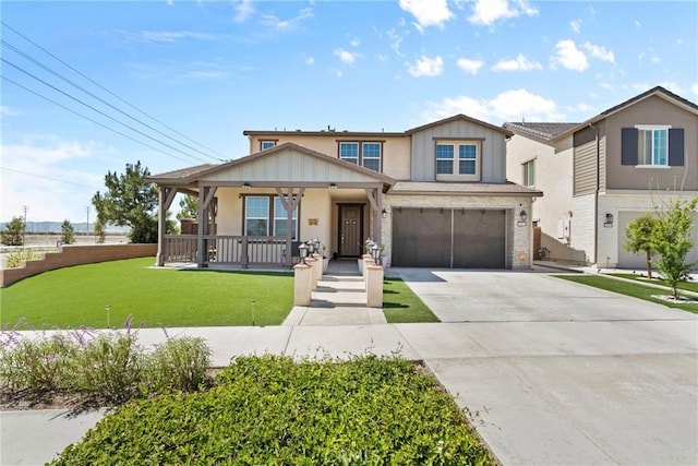 16614 Trailblazer Ave, Chino, CA 91708 - craftsman-style house featuring concrete driveway, a front lawn, an attached garage, and covered porch