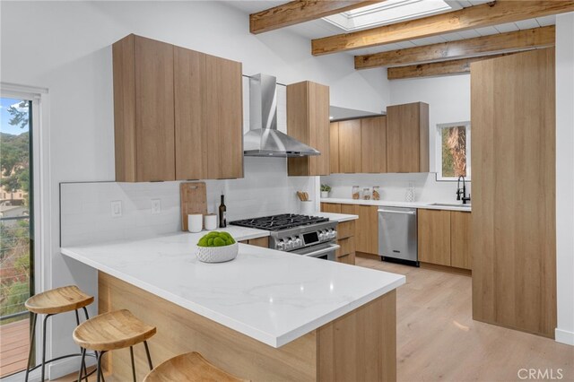 kitchen with stainless steel appliances, a peninsula, wall chimney exhaust hood, and modern cabinets