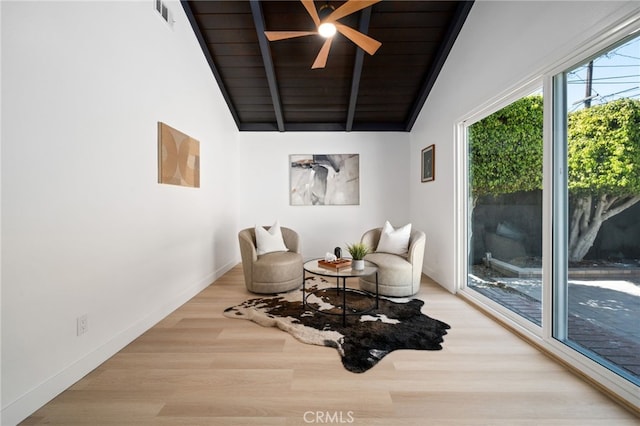 3533 Deerford St, Lakewood, CA 90712 - living area with visible vents, baseboards, ceiling fan, wood finished floors, and vaulted ceiling with beams