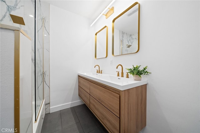3533 Deerford St, Lakewood, CA 90712 - full bath with baseboards, a sink, double vanity, a marble finish shower, and tile patterned floors