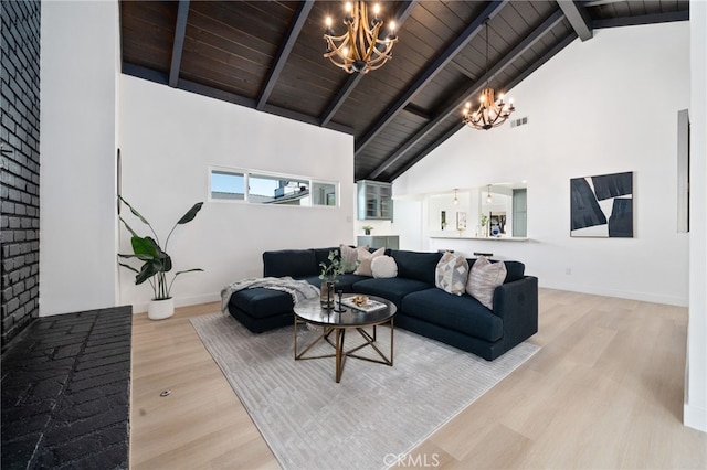 3533 Deerford St, Lakewood, CA 90712 - living area with an inviting chandelier, wood ceiling, beam ceiling, wood finished floors, and high vaulted ceiling