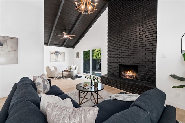 3533 Deerford St, Lakewood, CA 90712 - living room featuring beamed ceiling, a fireplace, high vaulted ceiling, wood finished floors, and baseboards