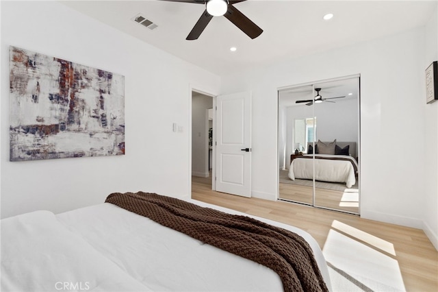 3533 Deerford St, Lakewood, CA 90712 - bedroom featuring a closet, recessed lighting, a ceiling fan, visible vents, and wood finished floors